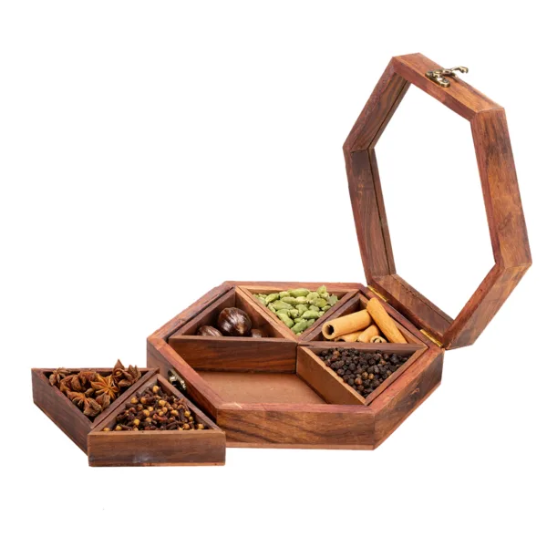 Wooden box for spices gift (Hexagonal& 6 Containers) - Image 5