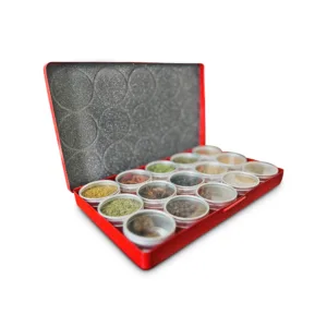 a red box containing 15 different spices stored in separate containers