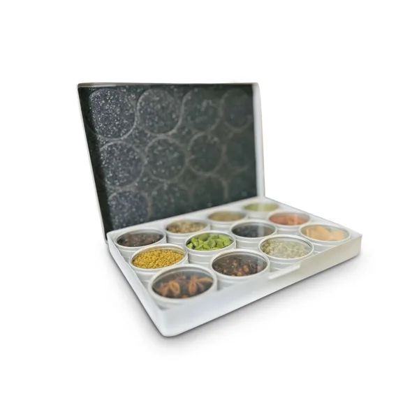 a box containing six small containers filled with different spices