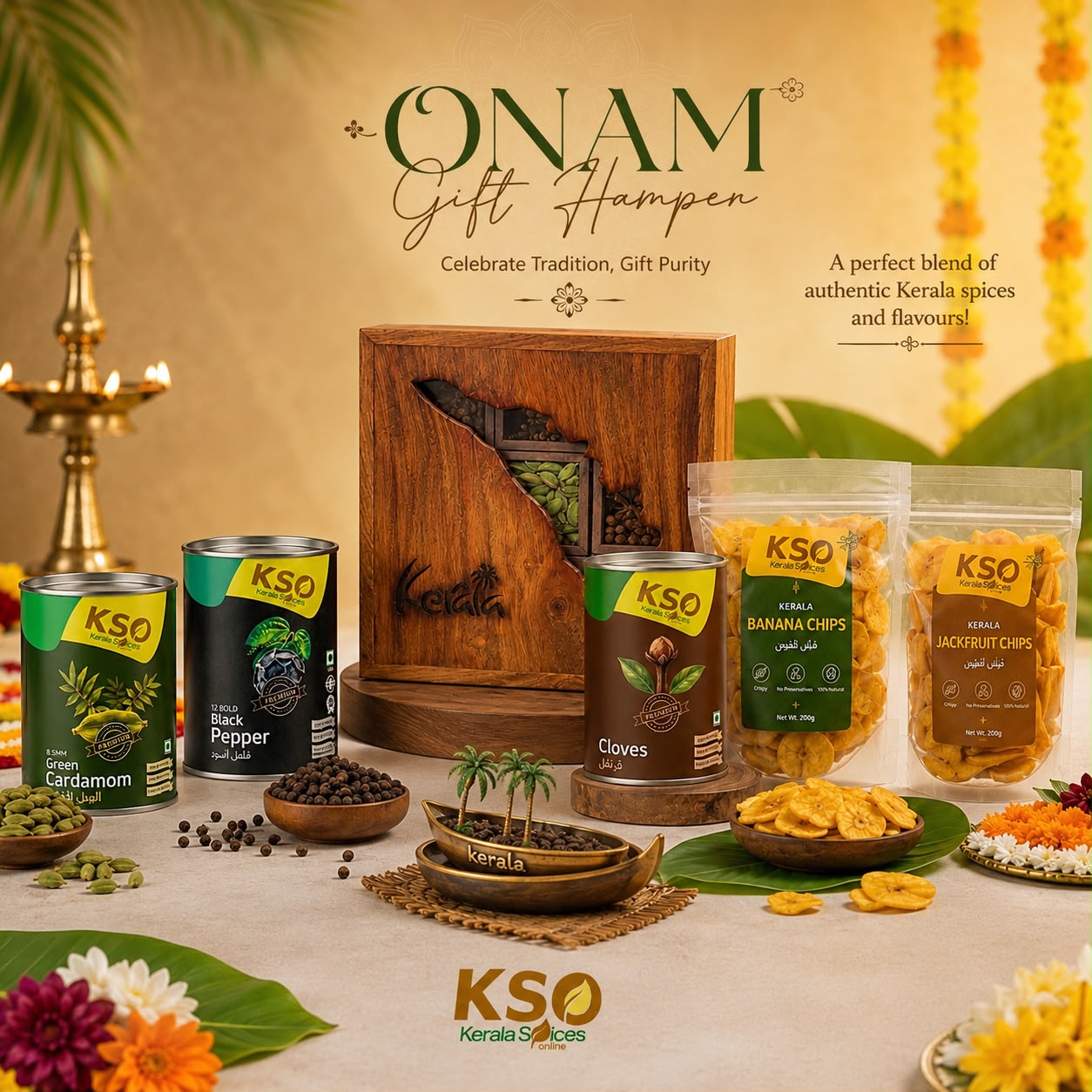 Kerala Onam Gift Hamper — wooden spice box, cardamom, cloves, banana chips, Kerala mundu