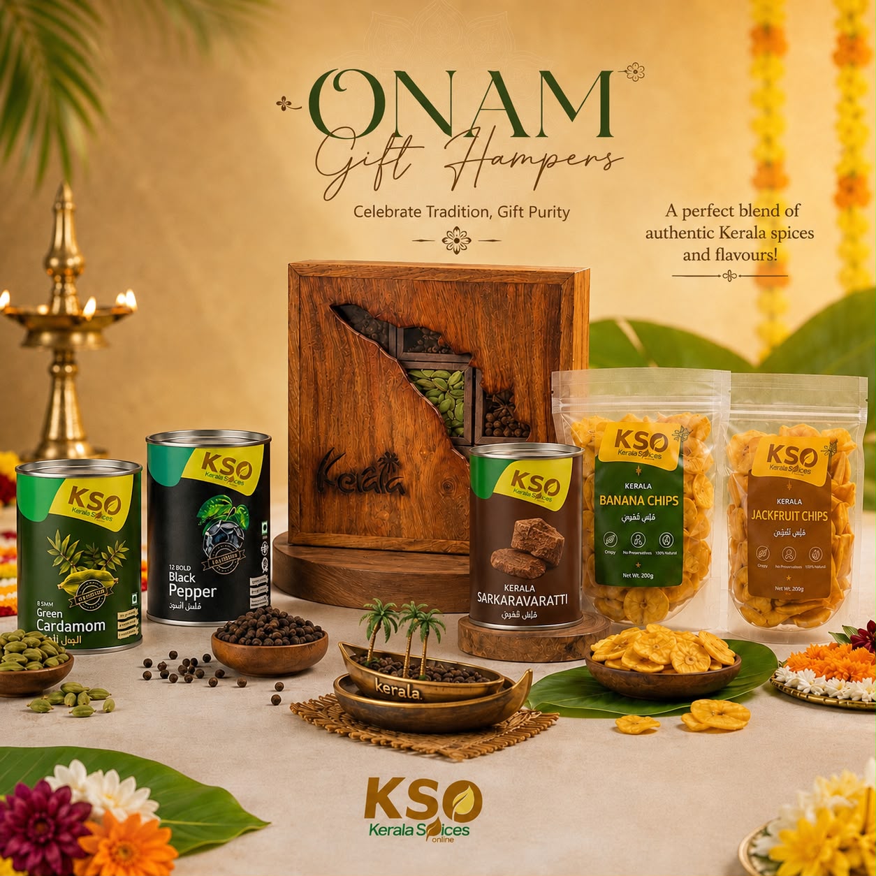 Kerala Onam Gift Hamper contents flat lay — spices, banana chips, sarkaravaratti, jackfruit chips, Kerala mundu
