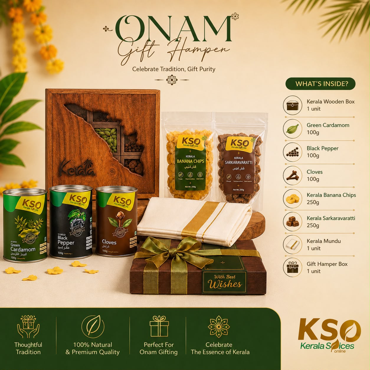 Kerala Onam Gift Hamper contents flat lay — spices, banana chips, sarkaravaratti, jackfruit chips, Kerala mundu