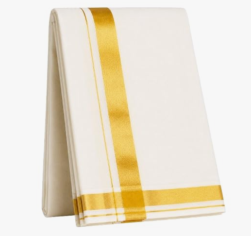 Kerala Pure Cotton Off White mundu, Golden Jari Cotton 4 Meter Dhoti