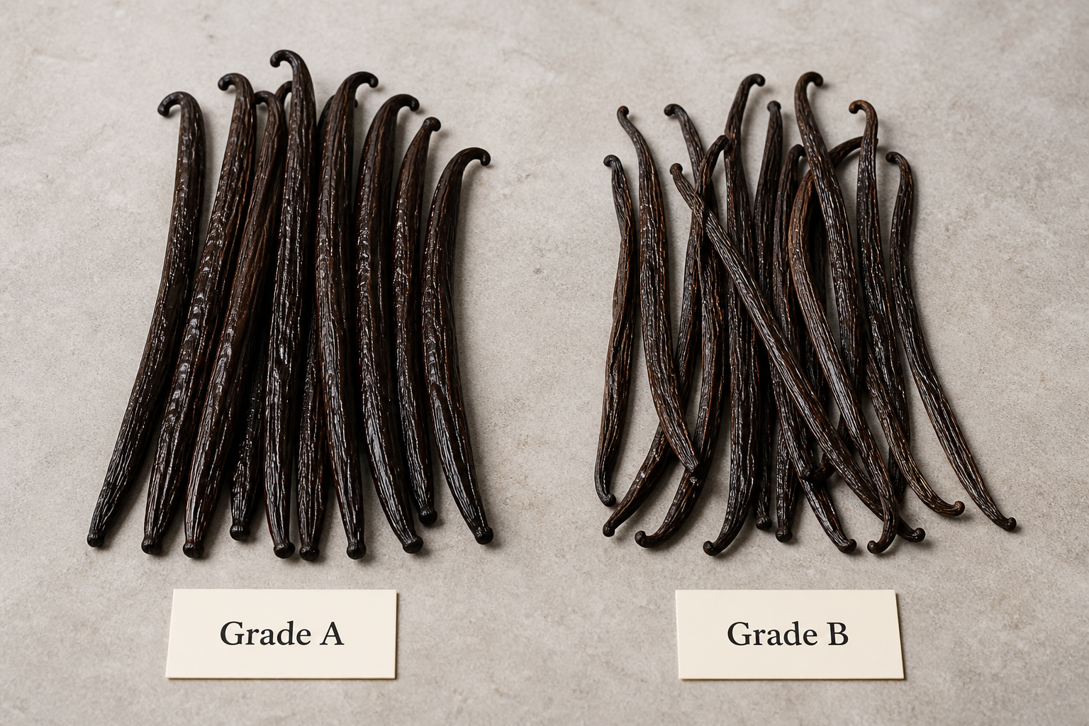 Grade A vs Grade B vanilla beans compared side by side — plump gourmet vs drier extract-grade