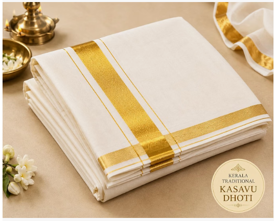 Kerala Pure Cotton Off White mundu, Golden Jari Cotton 4 Meter Dhoti - Image 2