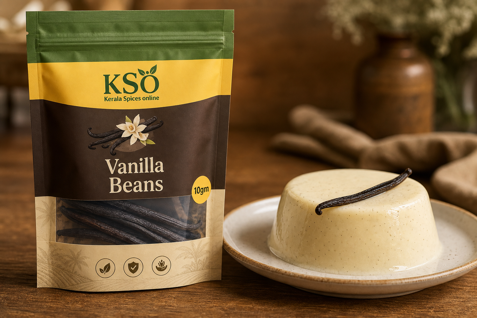 Kerala Spices Online Premium Vanilla Beans 10gm pack displayed with vanilla beans and a small dessert