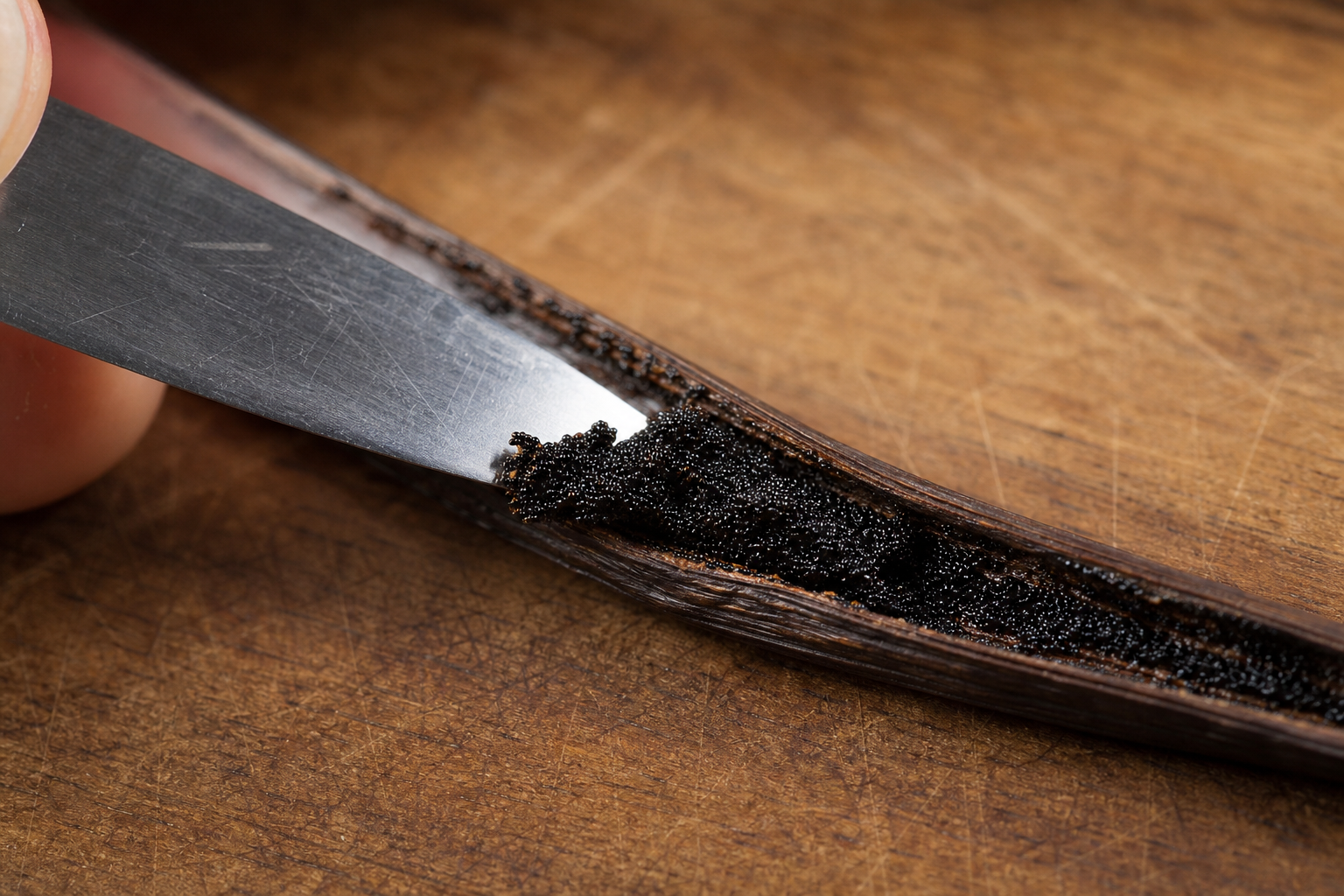 A split vanilla bean being scraped with a knife showing tiny black vanilla seeds