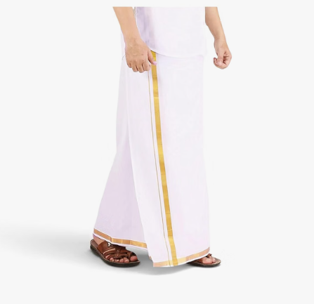 Kerala Pure Cotton Off White mundu, Golden Jari Cotton 4 Meter Dhoti - Image 4