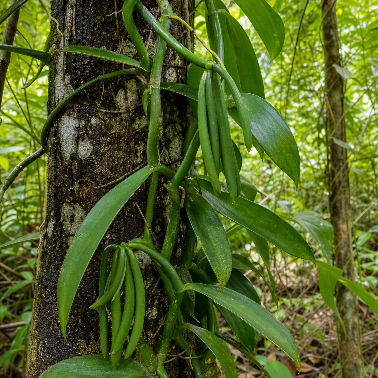 Vanilla orchid vine climbing on a tree in a Kerala spice farm with green vanilla pods visible