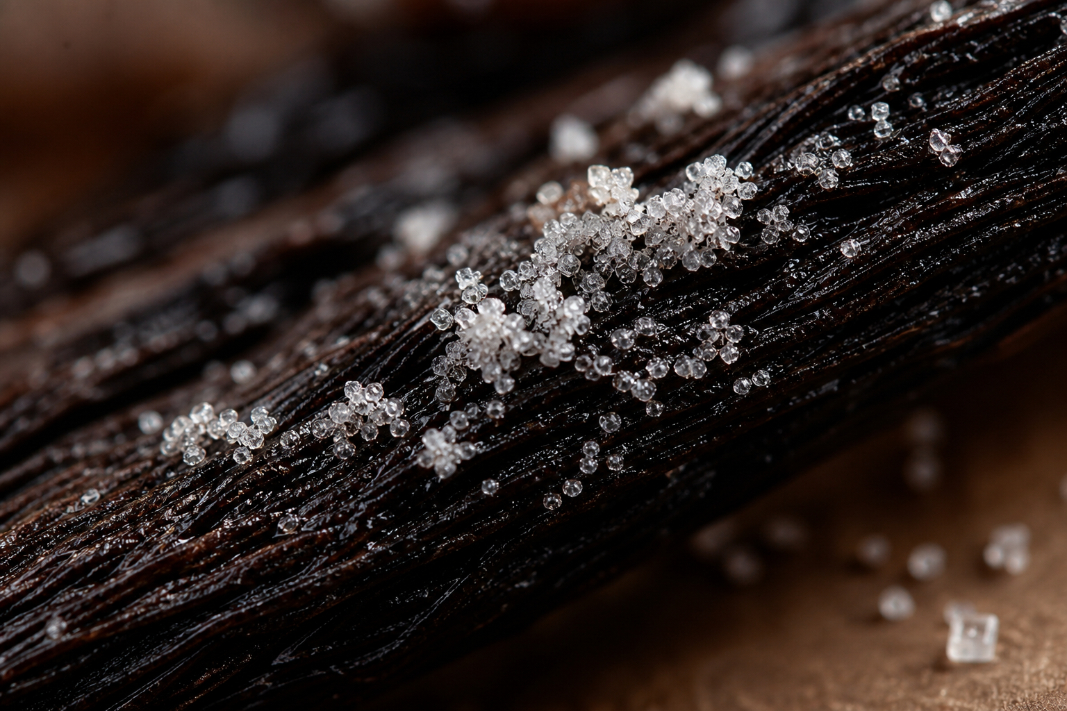 Natural vanillin crystals forming on the surface of an authentic Kerala vanilla bean